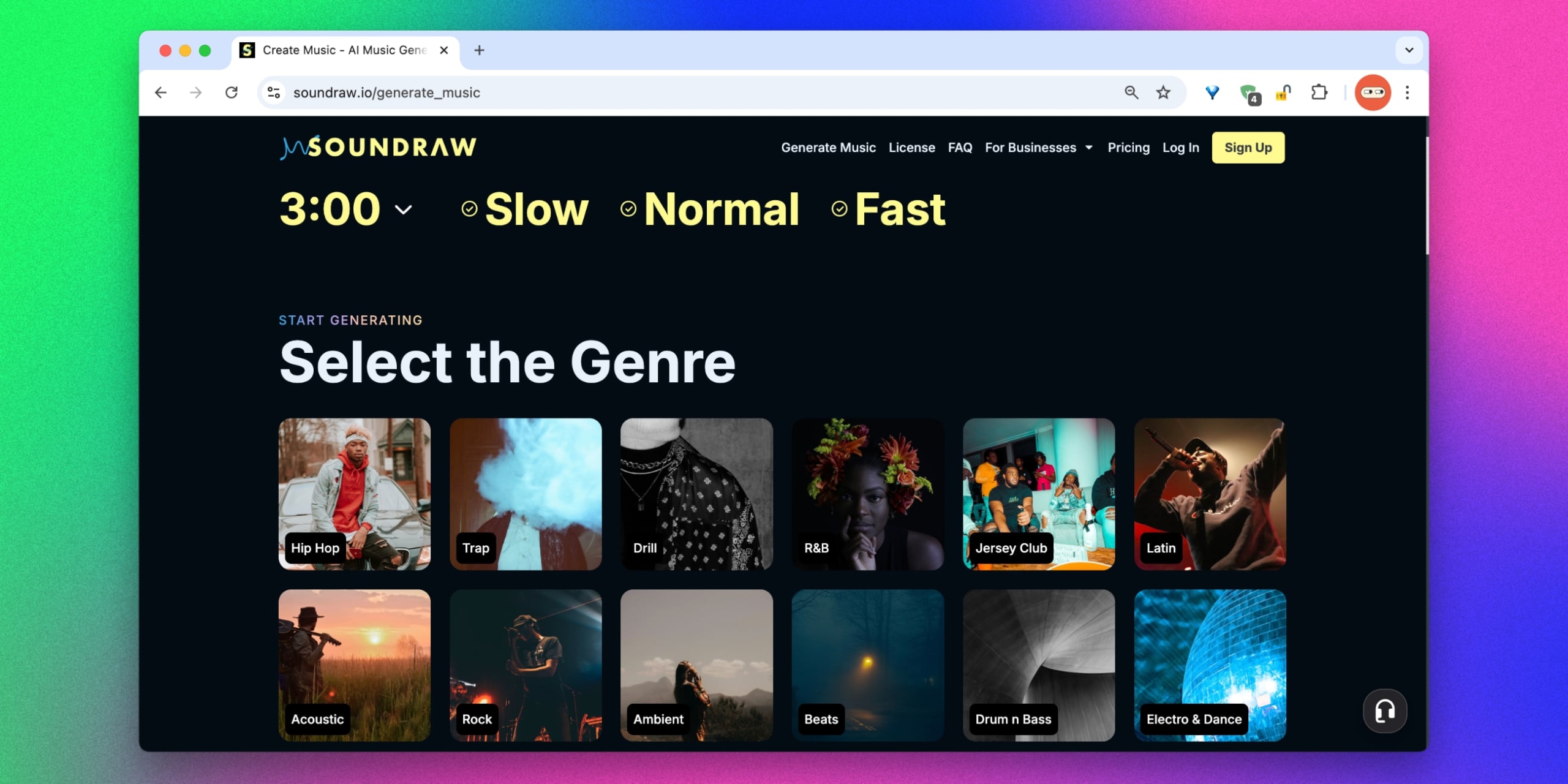 Интерфейс SOUNDRAW с выбором длительности, темпа и жанра
