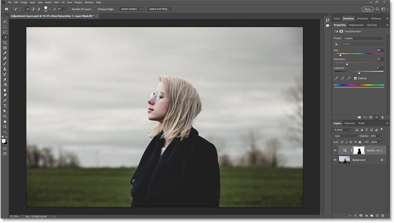Свойства Hue Saturation и маски корректирующего слоя Photoshop