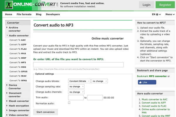 Интерфейс Online-Convert.com для преобразования аудио в MP3 с дополнительными настройками
