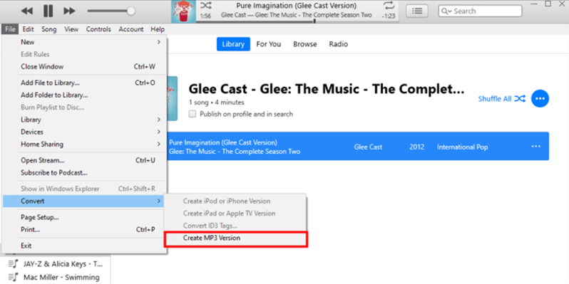 iTunes для Windows с меню File Convert Create MP3 Version