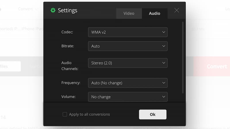 Окно настроек Convertio с WMA v2, битрейтом, стерео и частотой без изменения