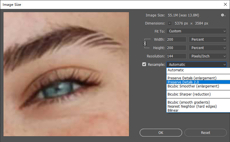 Выбор Preserve Details 2.0 в окне Image Size Adobe Photoshop