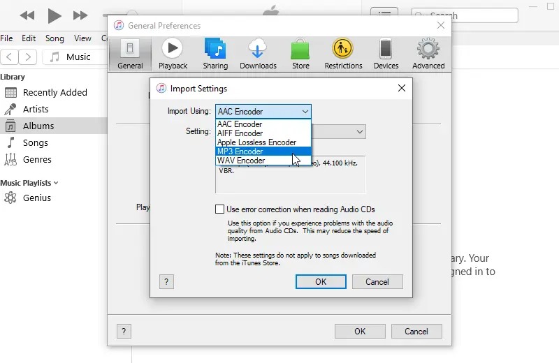 Окно Import Settings в iTunes с выбором MP3 Encoder