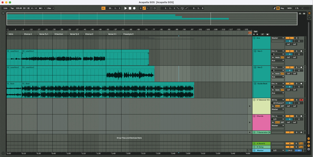 Arrangement View Ableton Live с вокальными дорожками и дублями