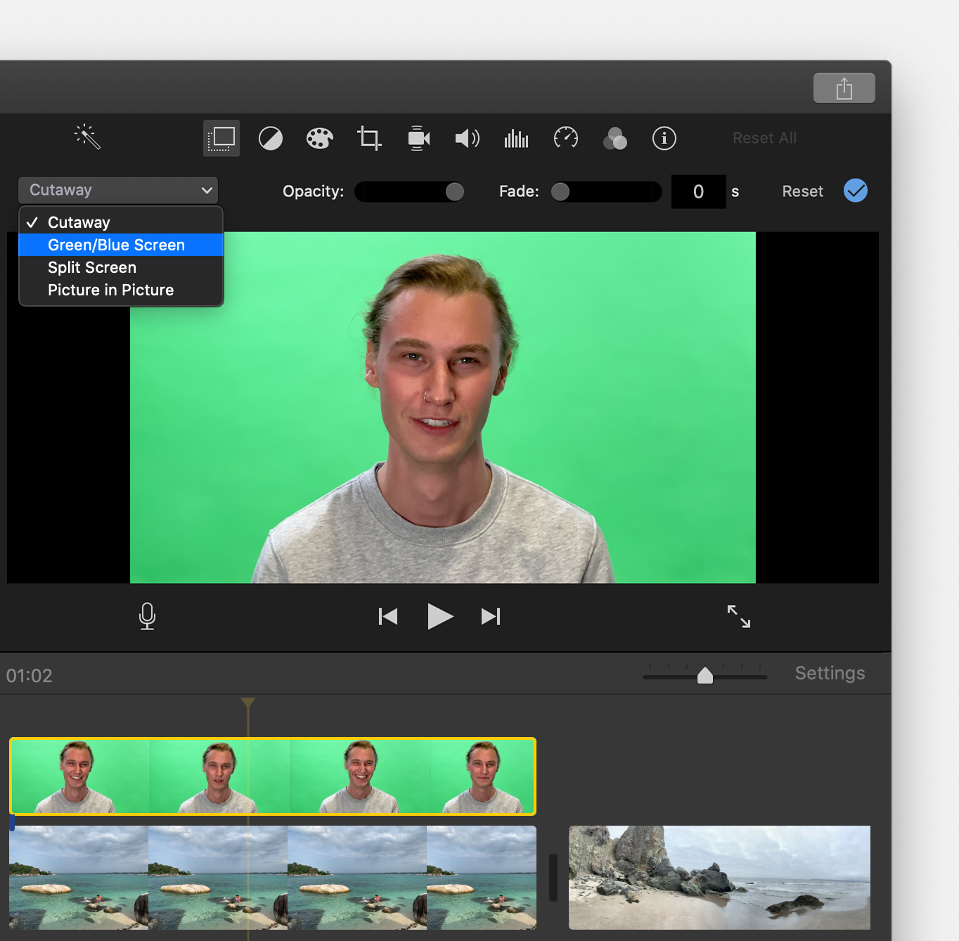 Выбор Green Blue Screen в настройках наложения iMovie на Mac