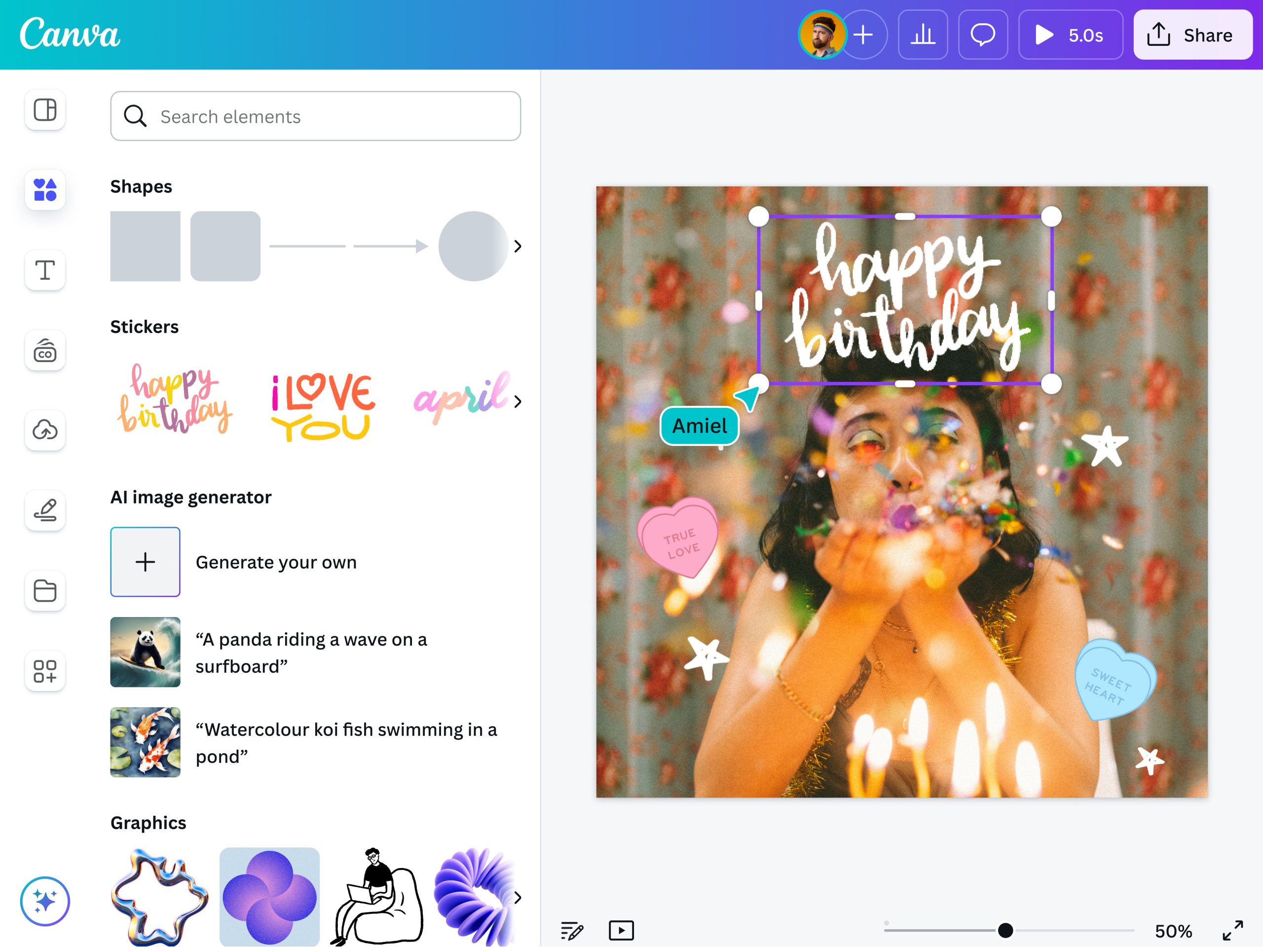 Рабочая область Canva с фотографией, текстом и декоративными элементами в макете