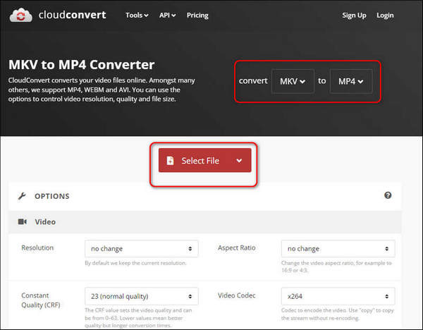 Веб-интерфейс CloudConvert для MKV to MP4