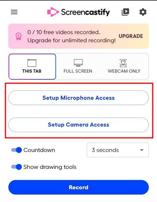 Панель Screencastify с режимами This Tab, Full Screen и Webcam Only