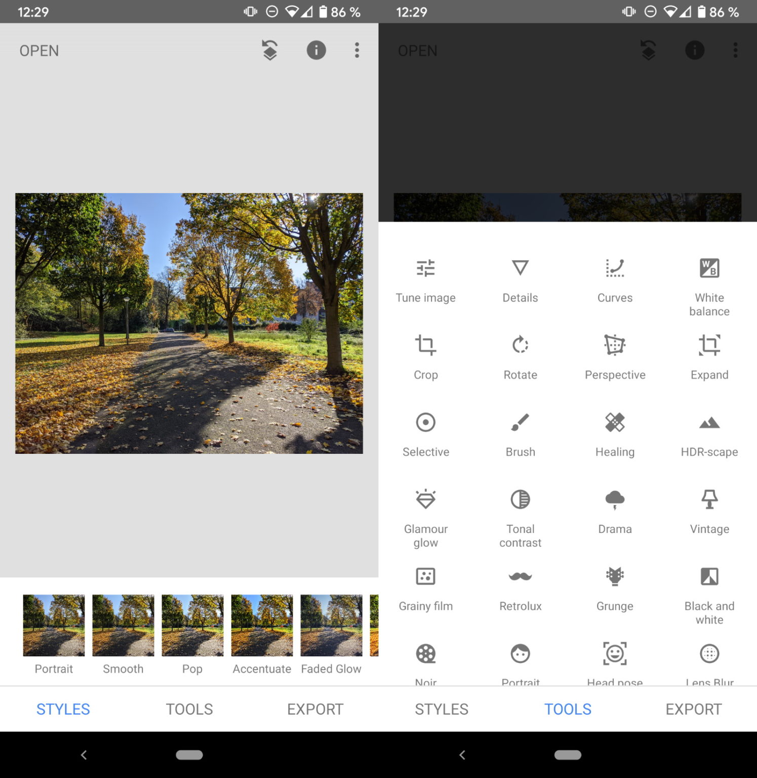 Интерфейс Snapseed со списком инструментов обработки фотографии