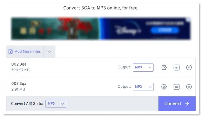 Интерфейс FreeConvert с несколькими файлами 3GA и выбранным выходом MP3