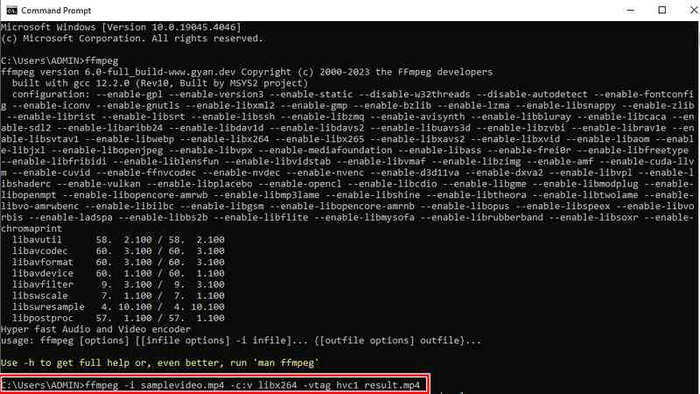 FFmpeg в командной строке Windows с информацией о сборке и командой конвертации