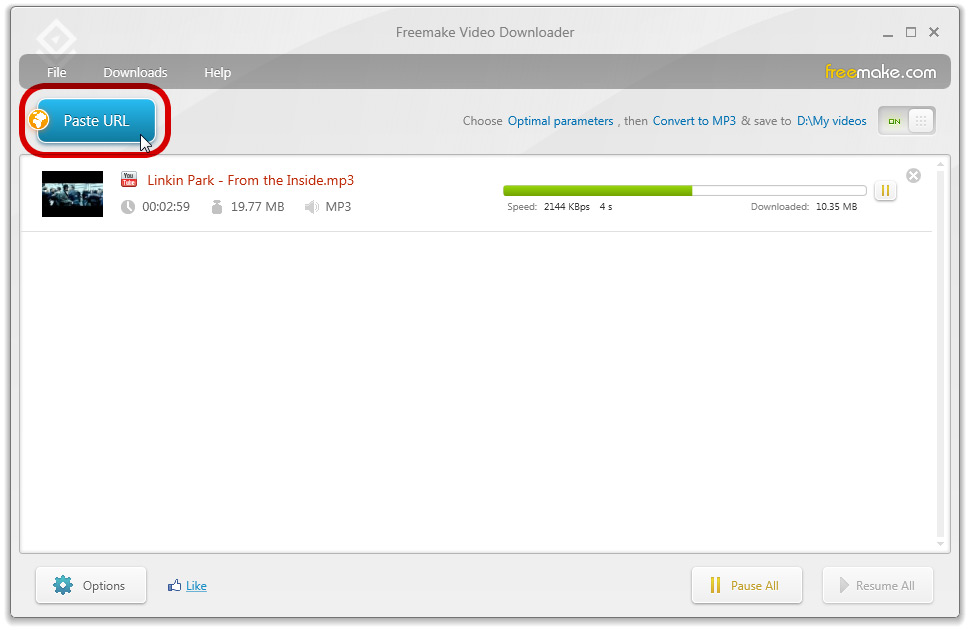 Freemake Video Downloader с кнопкой Paste URL и строкой загрузки