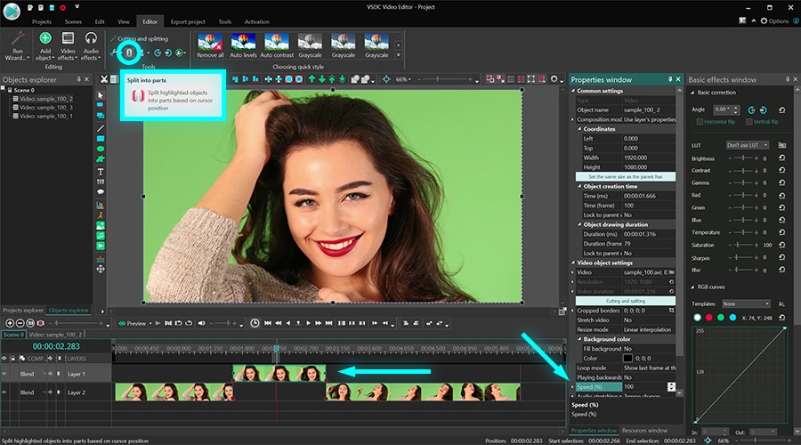 Параметр Speed в окне Properties программы VSDC Free Video Editor