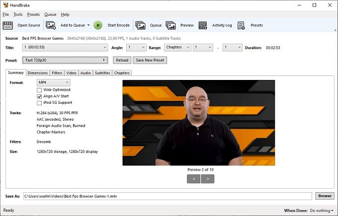 Интерфейс HandBrake в Windows с пресетом Fast 720p30, предпросмотром и параметрами MP4