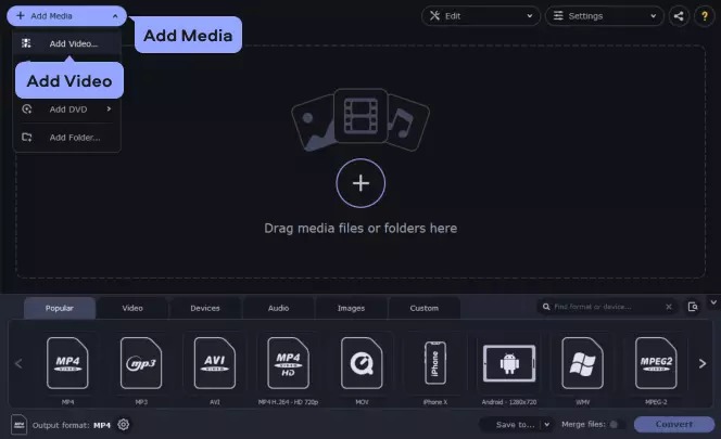Интерфейс Movavi Video Converter с меню Add Media, пунктом Add DVD и профилями MP4
