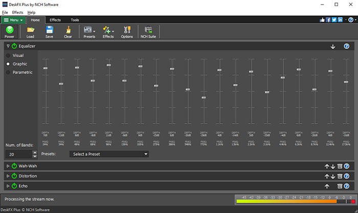 Главное окно DeskFX Audio Enhancer с графическим эквалайзером и цепочкой эффектов