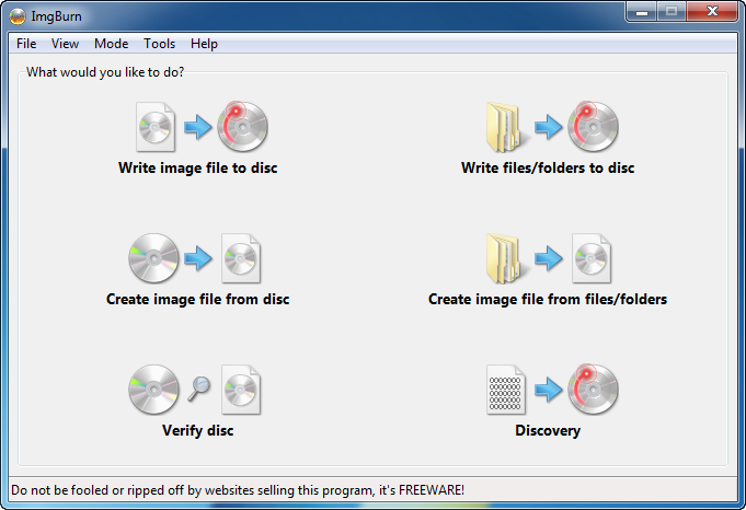 Стартовый экран ImgBurn с режимами Read Build Write Verify и Discovery