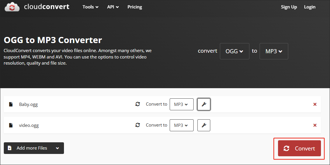 CloudConvert OGG to MP3 с двумя файлами в очереди