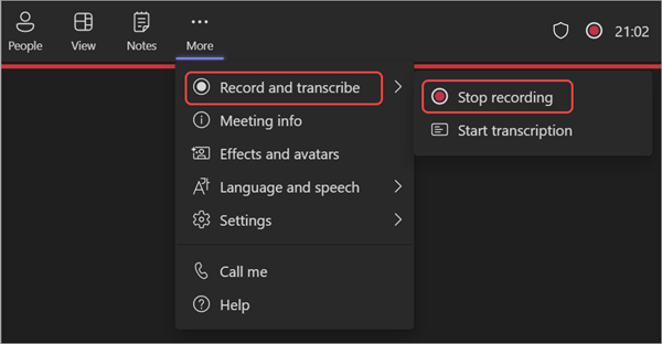 Меню Microsoft Teams с пунктами Record and transcribe и Stop recording