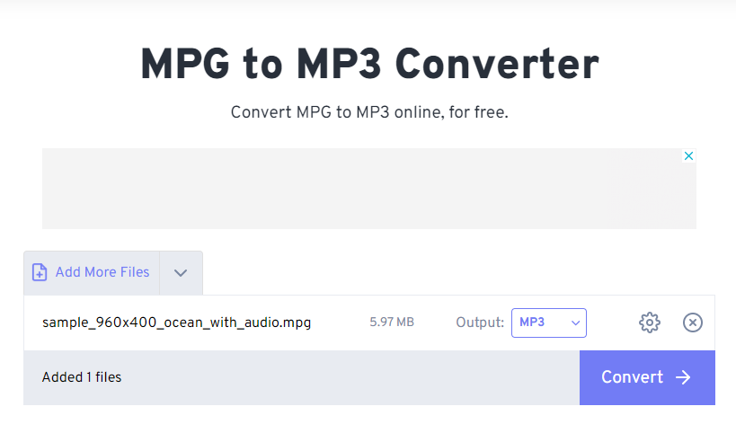Интерфейс FreeConvert для преобразования MPG в MP3