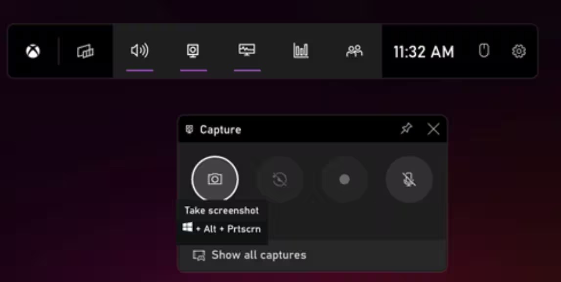 Виджет Capture Xbox Game Bar с кнопками снимка экрана и записи