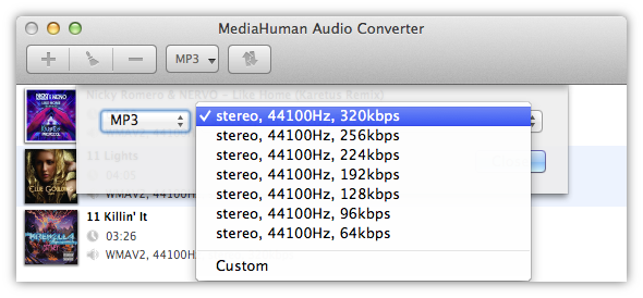 Список MP3-профилей MediaHuman Audio Converter с битрейтом и частотой