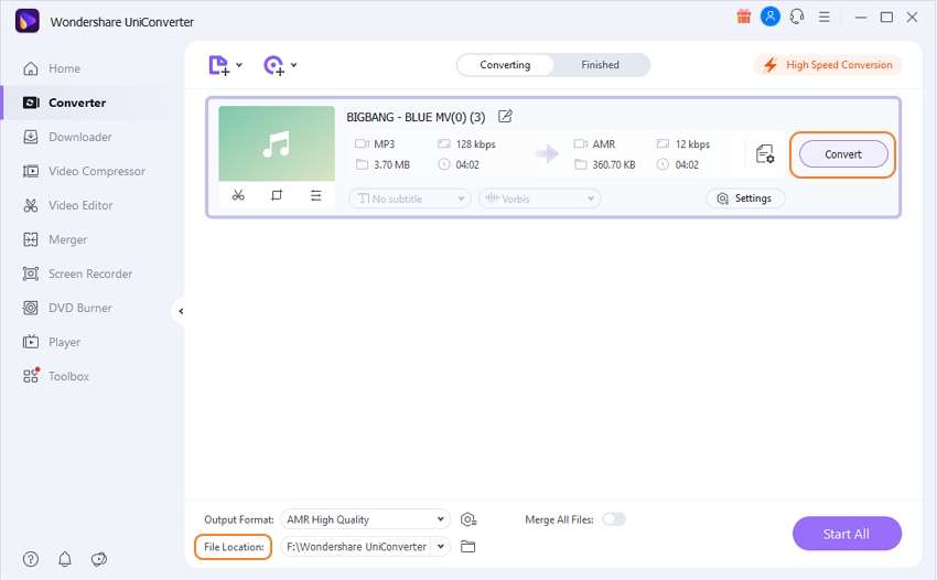 Запуск преобразования MP3 в AMR в Wondershare UniConverter