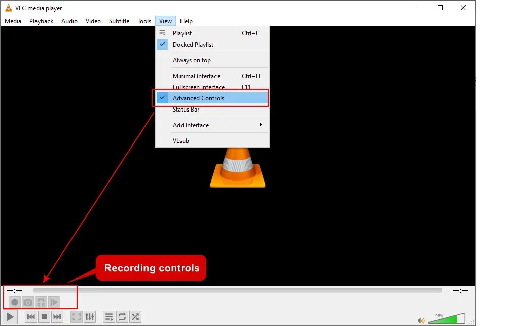 Меню View в VLC Media Player с включением Advanced Controls