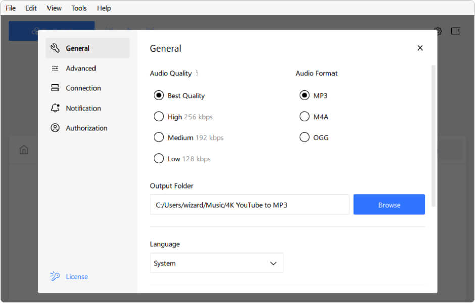 Окно параметров 4K YouTube to MP3 с выбором формата, качества и папки