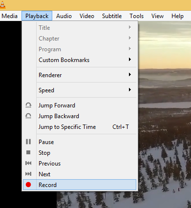 Команда Record в меню Playback программы VLC media player