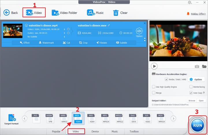VideoProc Converter AI с загруженным MP4, выбранным MOV H264, Auto Copy и кнопкой RUN