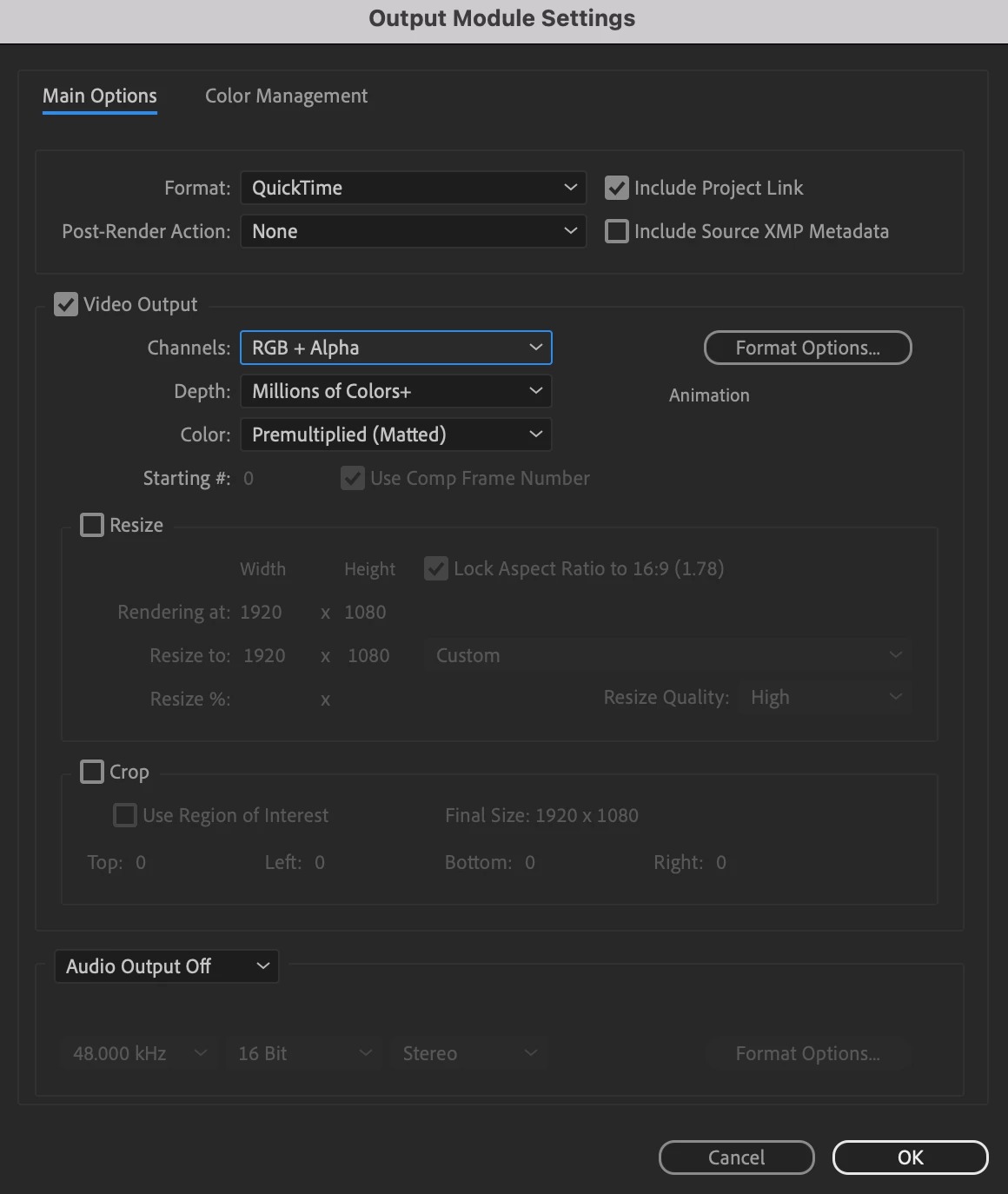 Output Module Settings After Effects с параметром RGB плюс Alpha