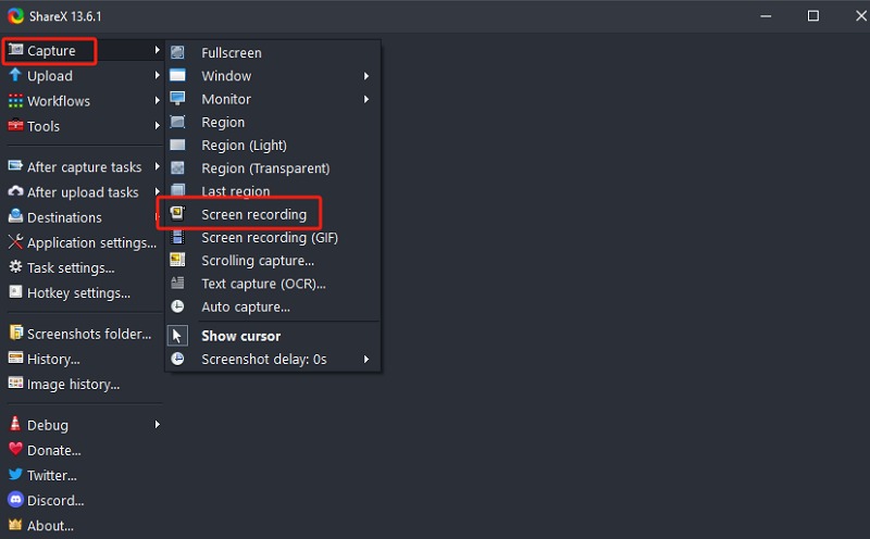 Меню Capture в ShareX с пунктом Screen recording