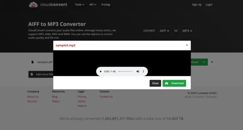 Окно результата CloudConvert с проигрывателем преобразованного MP3 и кнопкой Download