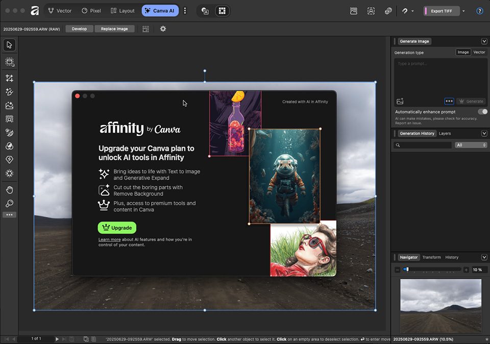 Интерфейс нового Affinity by Canva с панелями редактирования и окном AI-функций