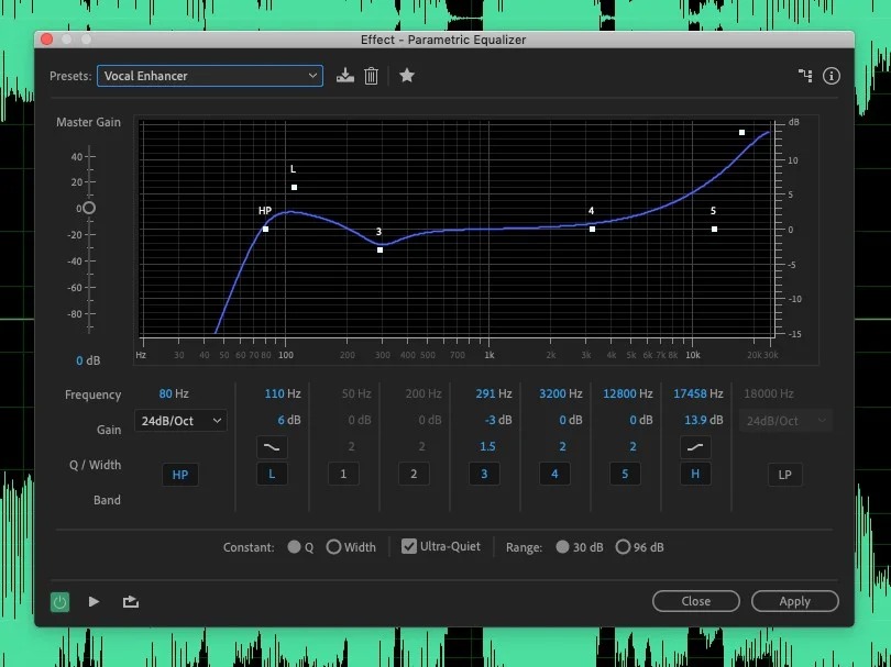 Окно Parametric Equalizer в Adobe Audition с графиком частотной характеристики и параметрами Frequency Gain Q Width