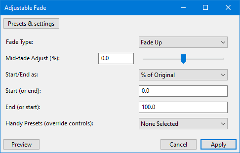 Окно Adjustable Fade в Audacity с настройками формы и уровней
