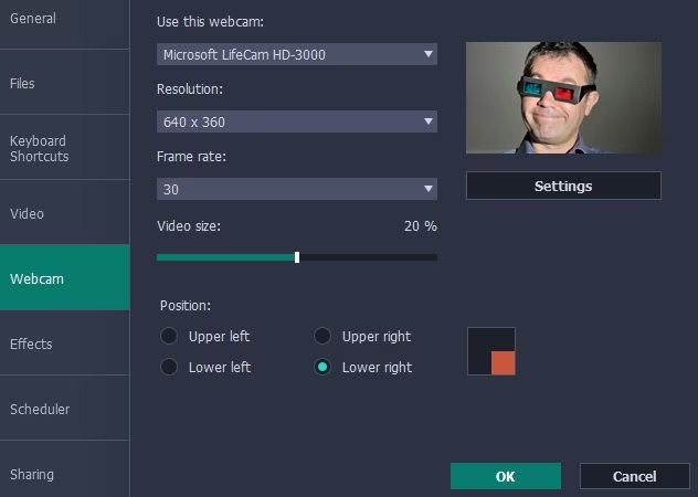 Настройки веб-камеры в Movavi Screen Recorder с выбором разрешения и частоты кадров