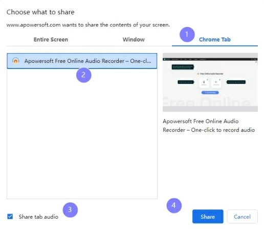 Диалог выбора вкладки браузера и передачи ее звука для Apowersoft