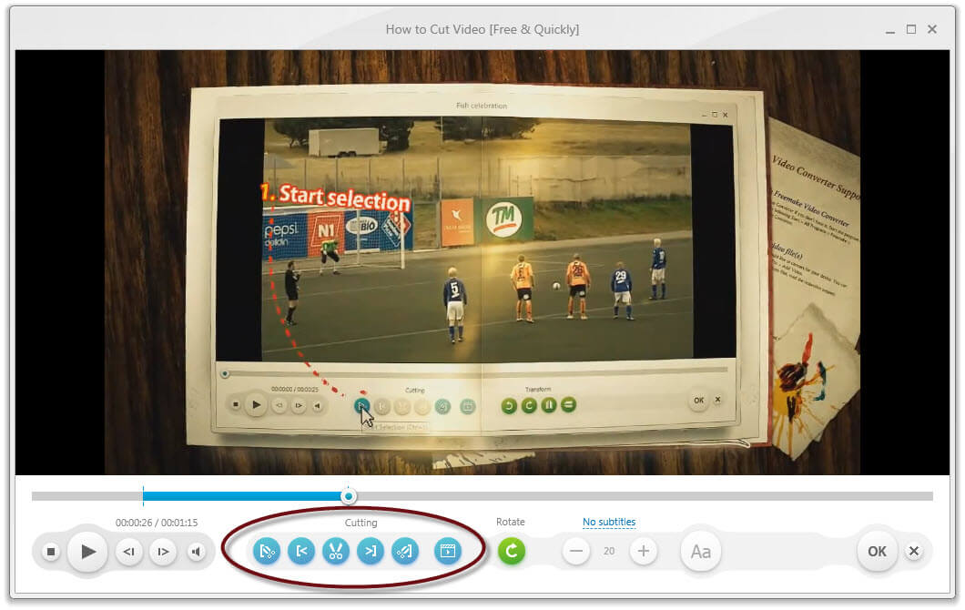 Редактор Freemake Video Converter с синими кнопками ножниц