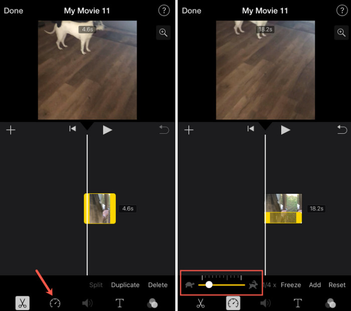 Регулятор скорости клипа в iMovie на iPhone