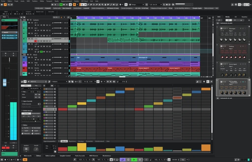 Интерфейс Cubase 15 с аранжировкой и MIDI редактором