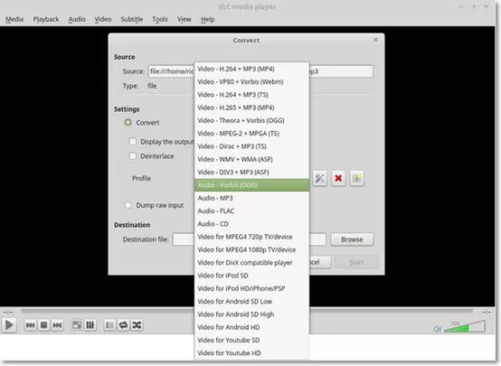 Окно конвертации VLC с профилем Audio Vorbis OGG
