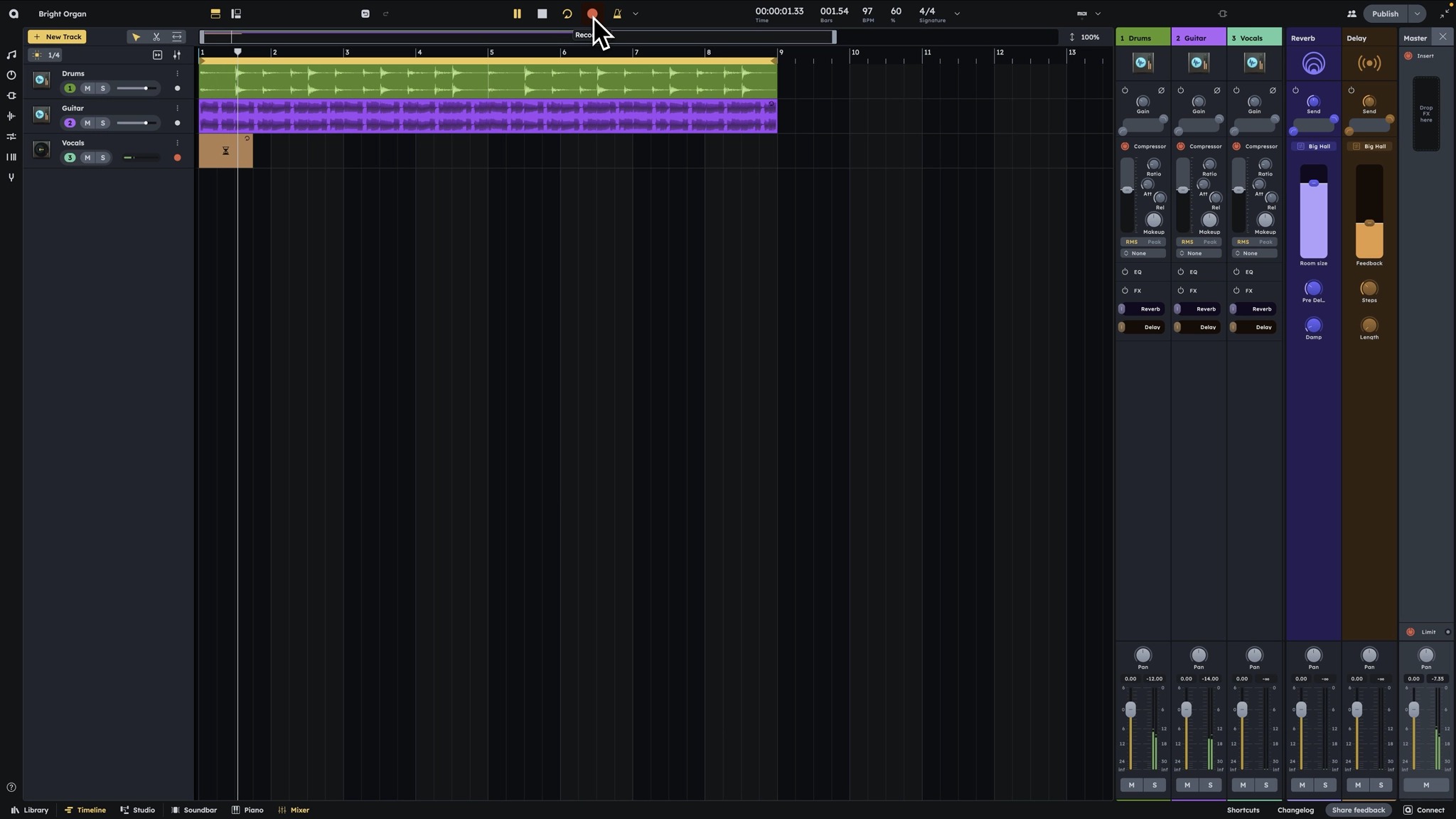 Audiotool Studio с модульными устройствами, таймлайном, микшером и пиано-роллом