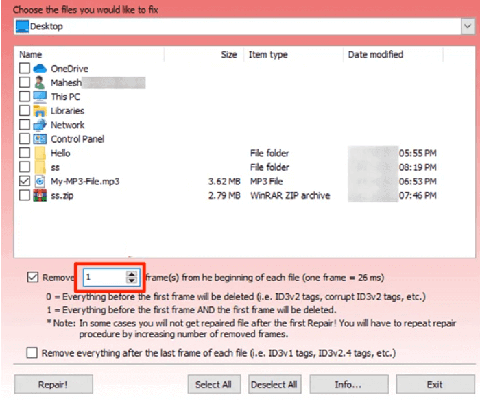 Окно MP3 Repair Tool с выбором файла и числом удаляемых кадров