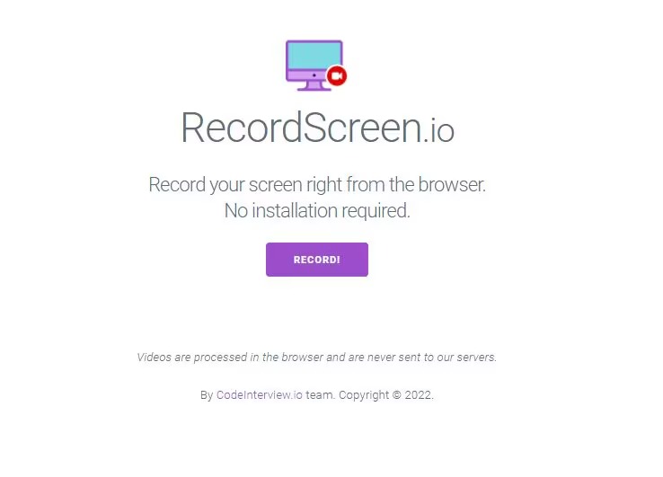 Стартовый экран RecordScreen.io с кнопкой начала записи в браузере