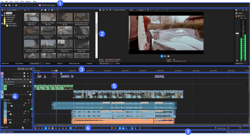 Интерфейс VEGAS Pro с несколькими видеодорожками и окном предпросмотра