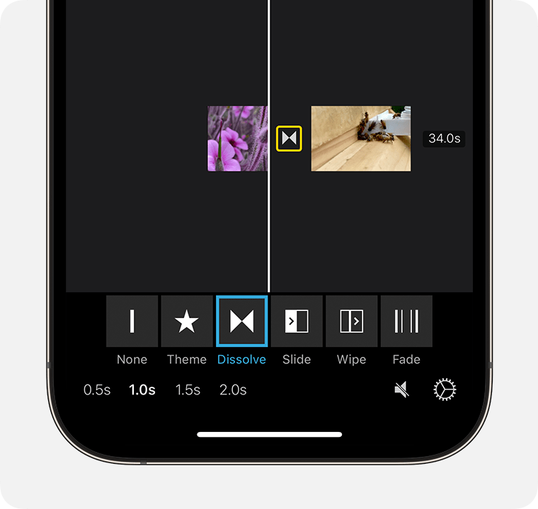 Настройка перехода Dissolve между клипами в iMovie