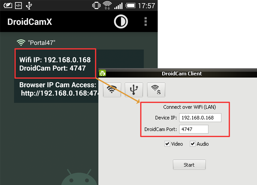 DroidCam на Android и окно клиента Windows с IP портом и флажками Video и Audio
