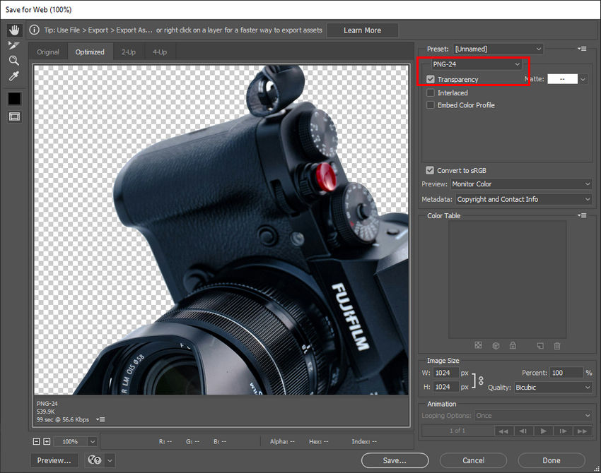 Окно Save for Web в Adobe Photoshop с настройками PNG и прозрачности